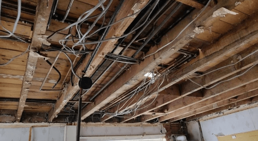 Ceiling rough-in wiring during new construction project in Los Angeles