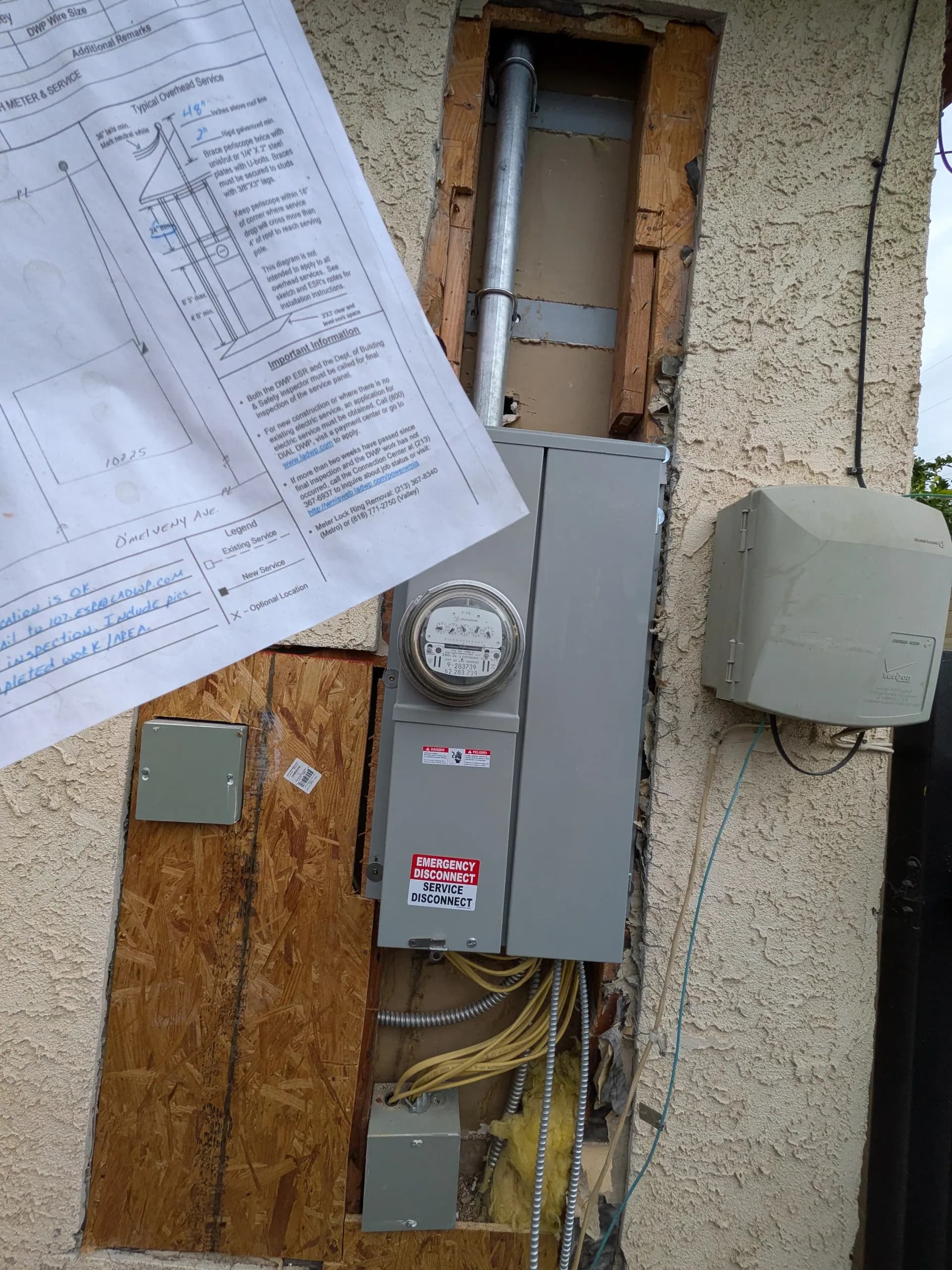 City permit posted at main panel upgrade job site in Los Angeles by RnR Electrician